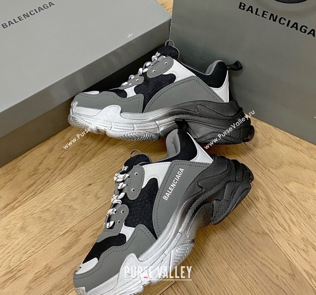 Balenciaga Triple S Trainers Sneakers in Leather and Mesh Black/Silver/Grey 2024-22 (KL-240223033)