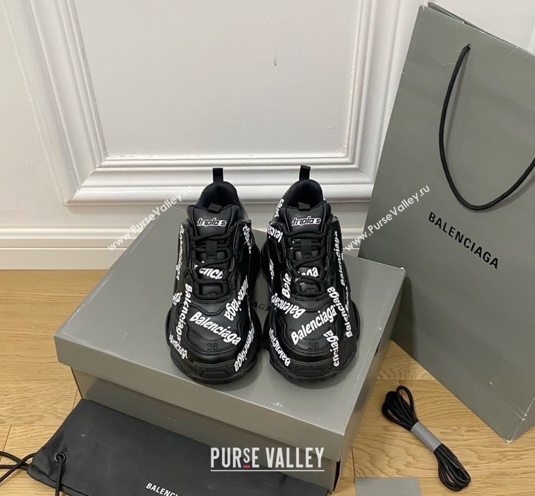 Balenciaga Triple S Trainers Sneakers in Calf Leather Signature/Black 2024-22 (KL-240223034)