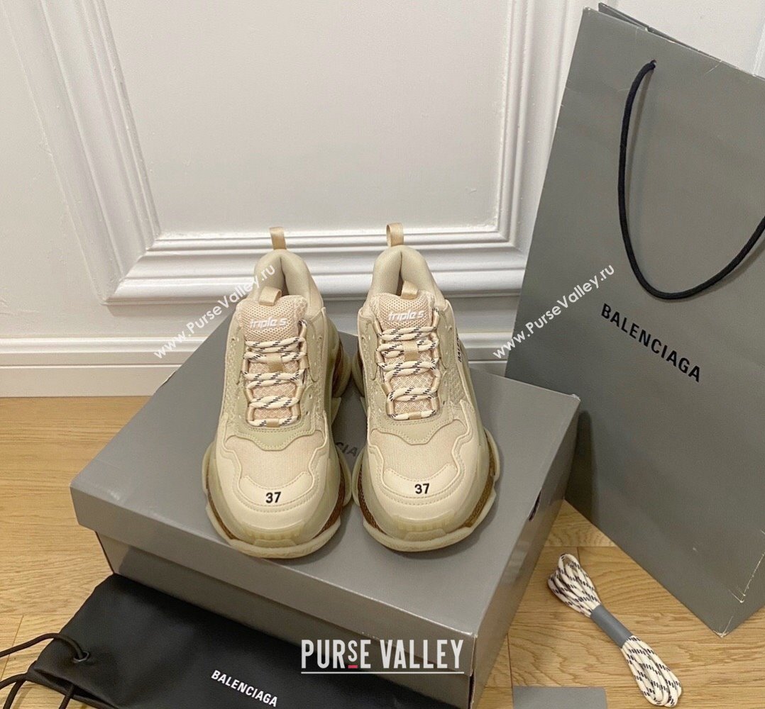 Balenciaga Triple S Clear Sole Trainers Sneakers in Leather and Mesh New Beige 2024 (KL-240223001)