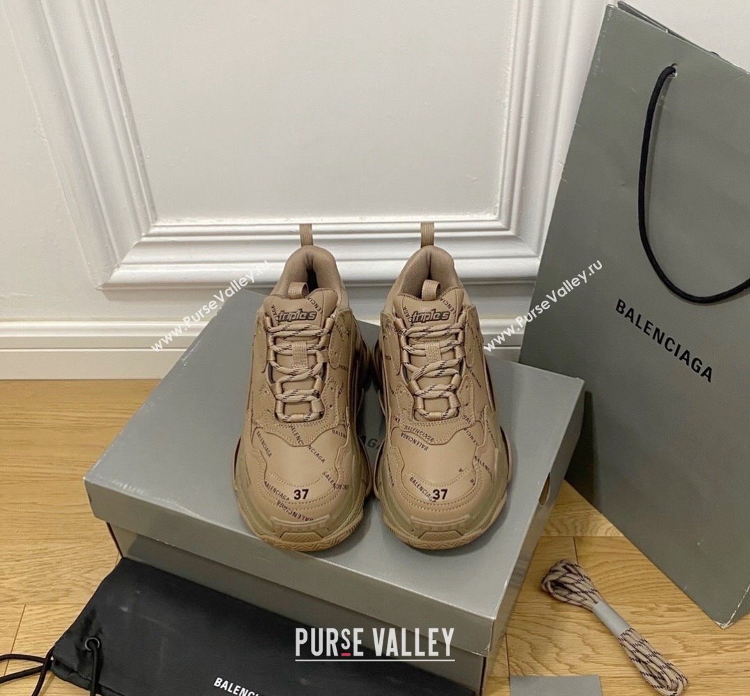 Balenciaga Triple S Trainers Sneakers in Calf Leather Signature/Brown 2024-22 (KL-240223037)