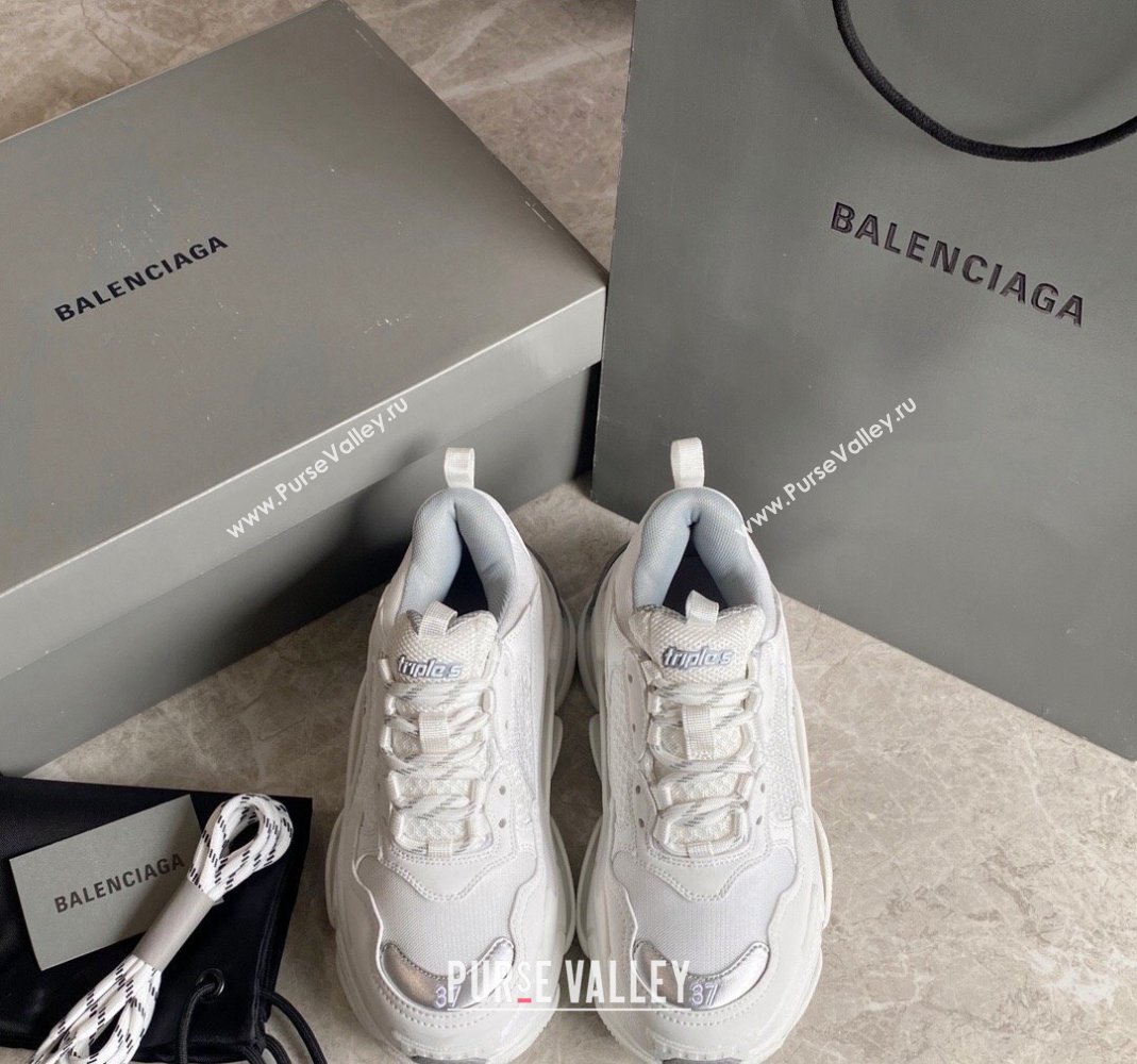 Balenciaga Triple S Trainers Sneakers in Leather and Mesh White/Silver 2024-21 (KL-240223051)