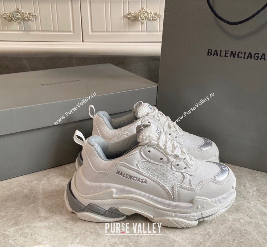 Balenciaga Triple S Trainers Sneakers in Leather and Mesh White/Silver 2024-21 (KL-240223051)