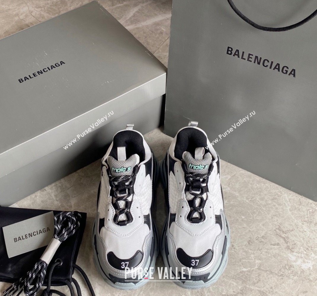 Balenciaga Triple S Trainers Sneakers in Leather and Mesh Black/Silver 2024-21 (KL-240223052)