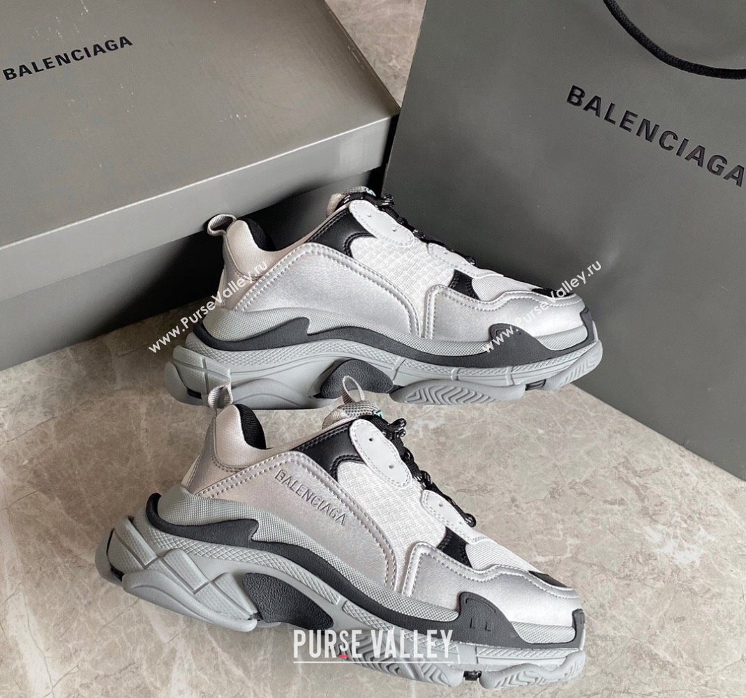 Balenciaga Triple S Trainers Sneakers in Leather and Mesh Black/Silver 2024-21 (KL-240223052)