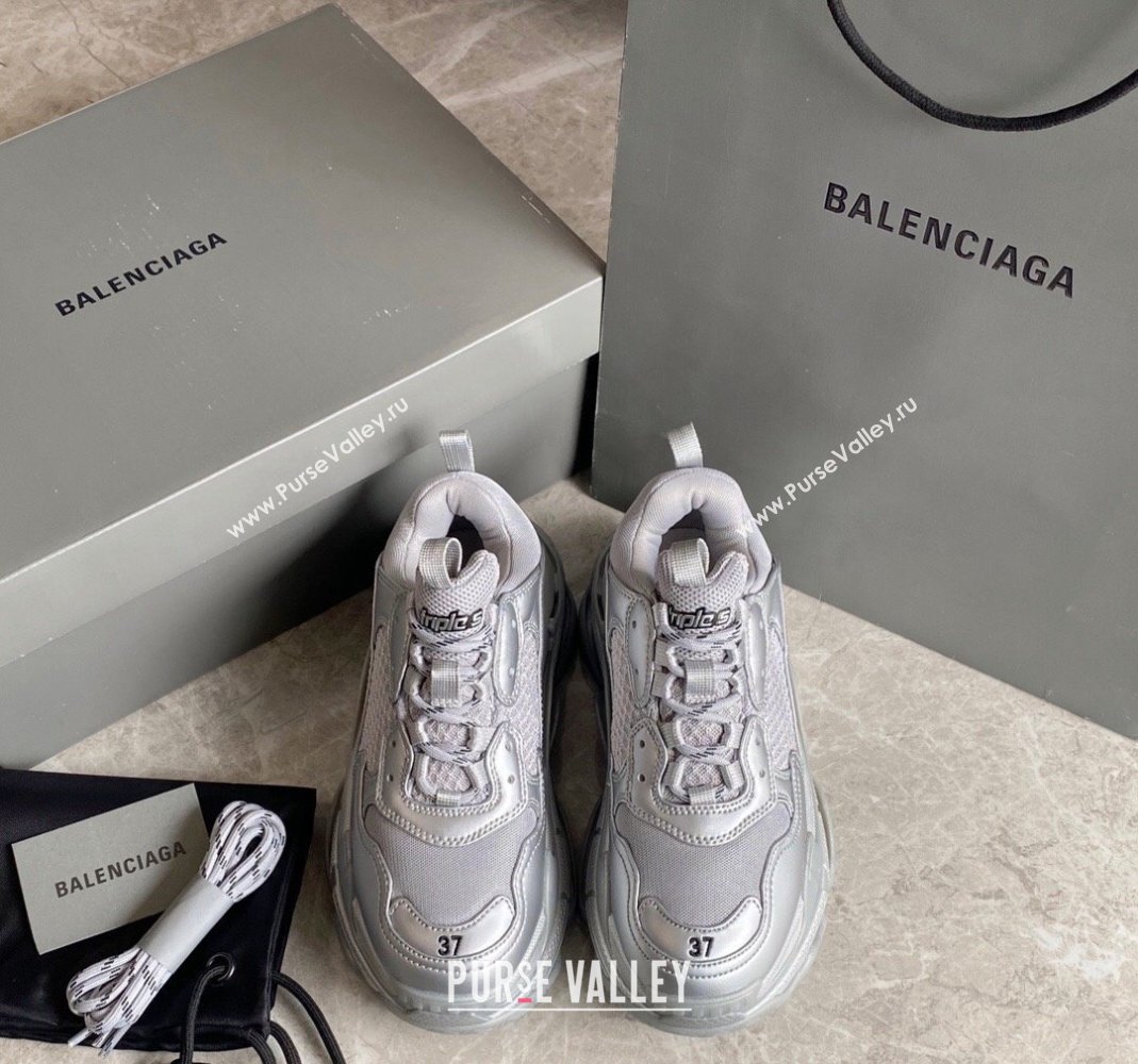 Balenciaga Triple S Trainers Sneakers in Leather and Mesh Silver 2 2024-21 (KL-240223054)