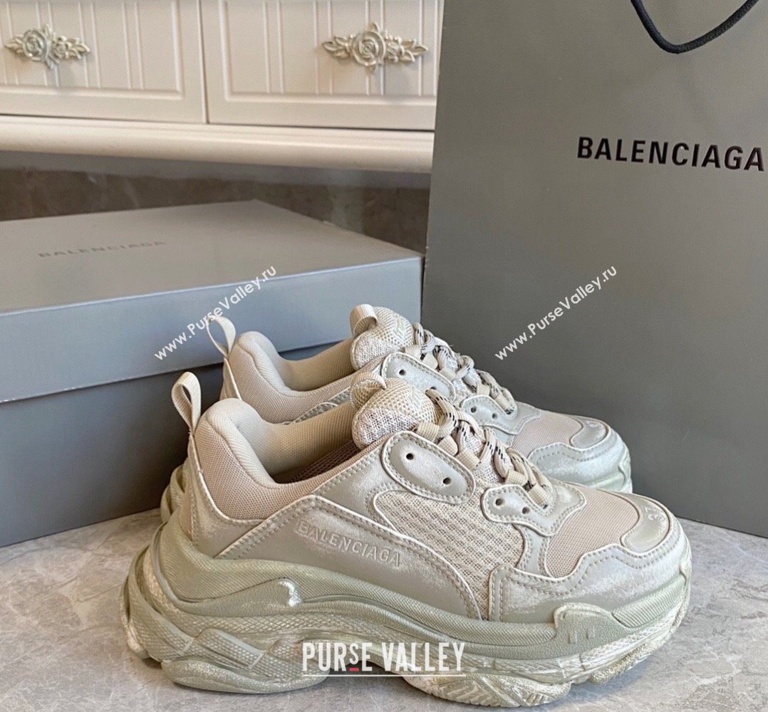 Balenciaga Triple S Trainers Sneakers in Leather and Mesh Distressed Beige 2024-21 (KL-240223060)