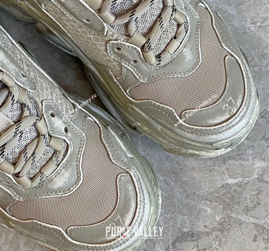 Balenciaga Triple S Trainers Sneakers in Leather and Mesh Distressed Beige 2024-21 (KL-240223060)