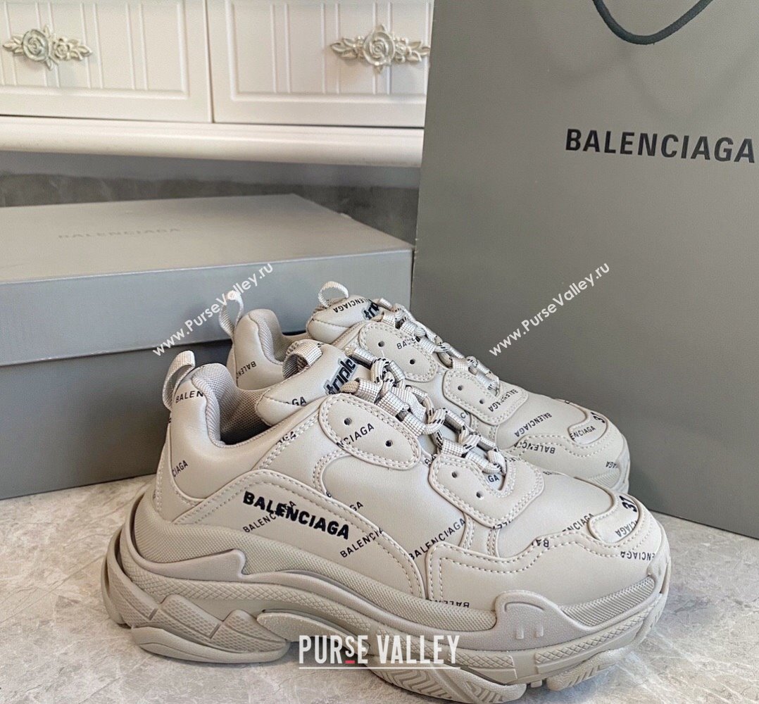 Balenciaga Triple S Trainers Sneakers in Calf Leather Signature/Khaki 2024-21 (KL-240223063)