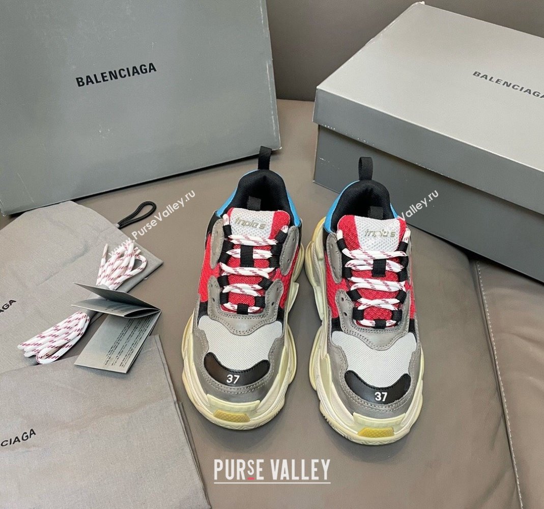 Balenciaga Triple S Trainers Sneakers in Leather and Mesh Blue/Red 2024-21 (KL-240223068)