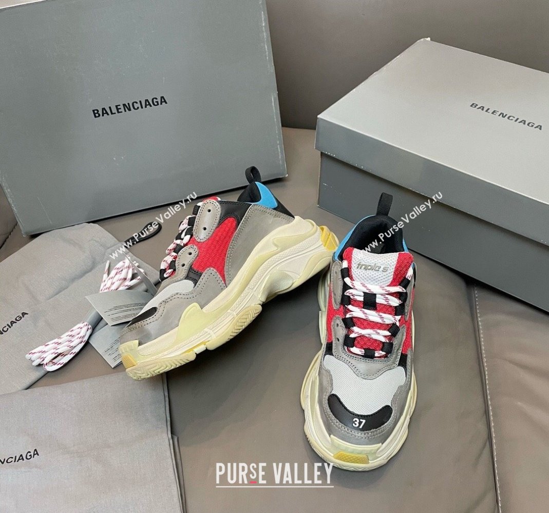 Balenciaga Triple S Trainers Sneakers in Leather and Mesh Blue/Red 2024-21 (KL-240223068)