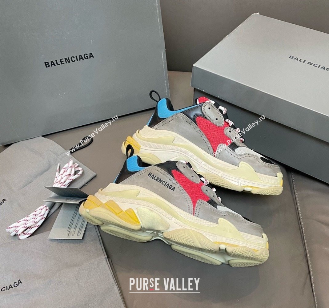 Balenciaga Triple S Trainers Sneakers in Leather and Mesh Blue/Red 2024-21 (KL-240223068)