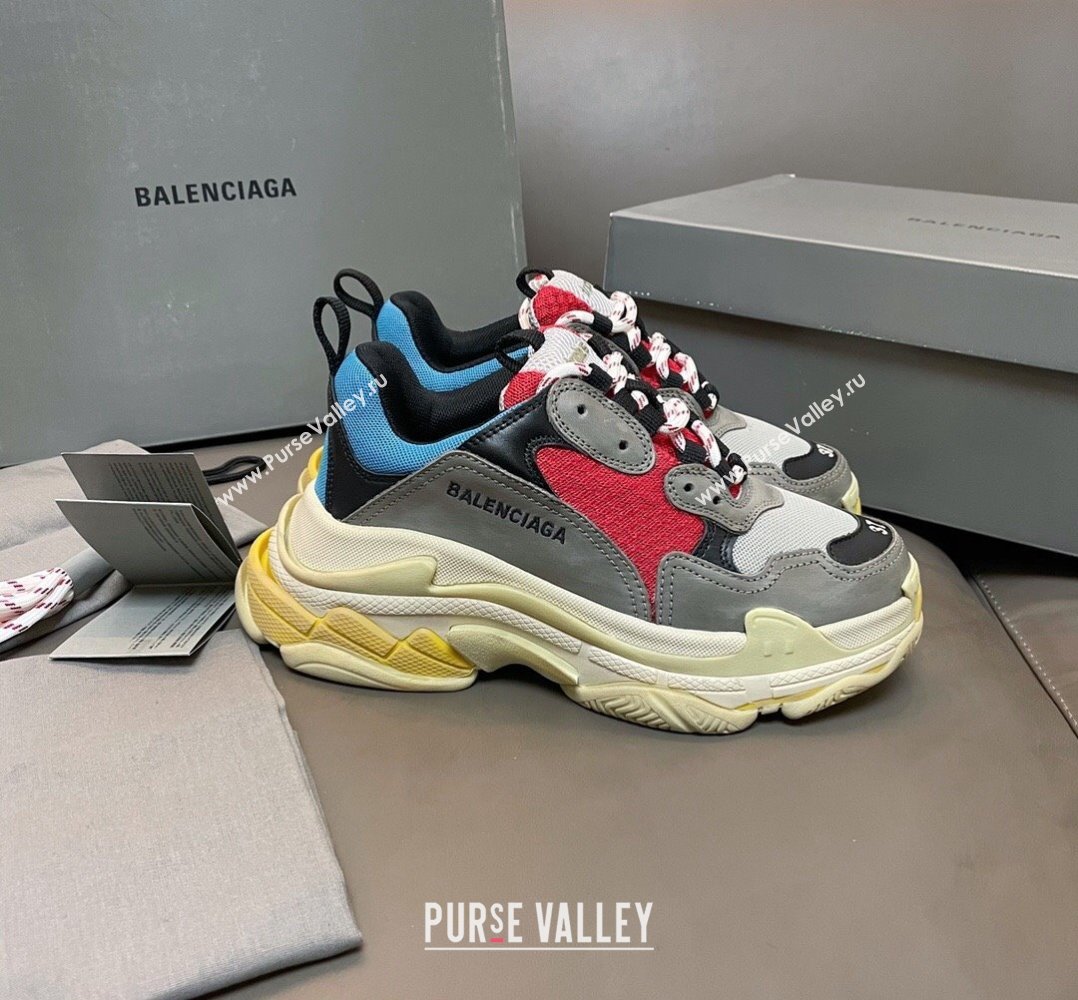 Balenciaga Triple S Trainers Sneakers in Leather and Mesh Blue/Red 2024-21 (KL-240223068)