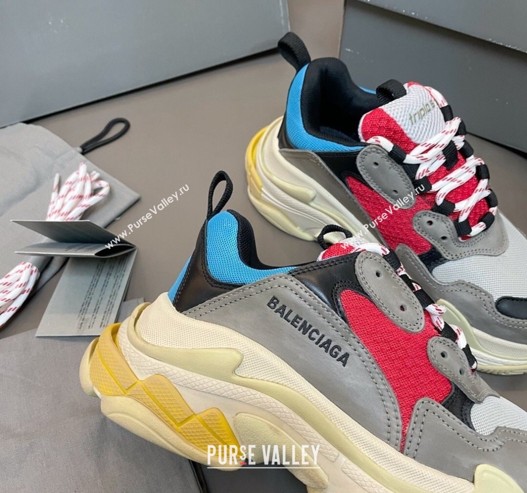 Balenciaga Triple S Trainers Sneakers in Leather and Mesh Blue/Red 2024-21 (KL-240223068)