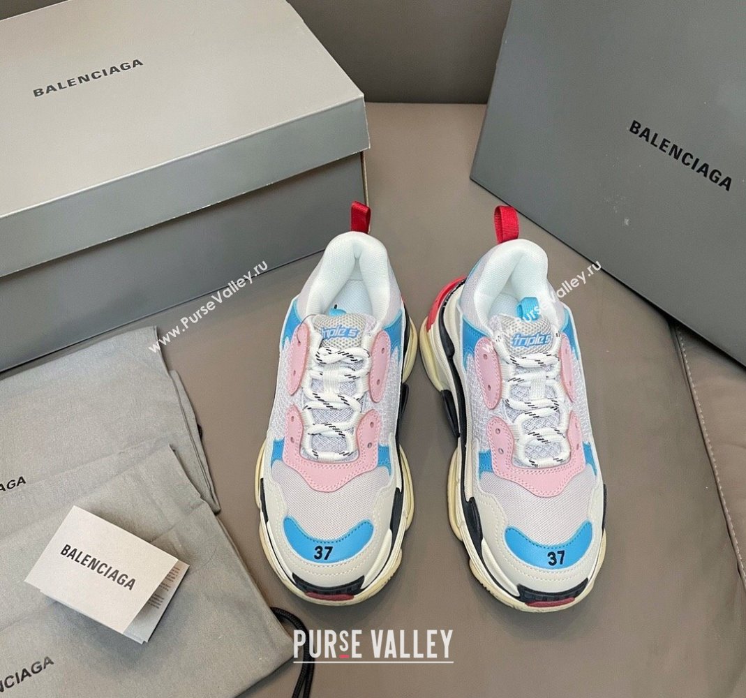 Balenciaga Triple S Trainers Sneakers in Leather and Mesh Blue/Pink 2024-21 (KL-240223070)