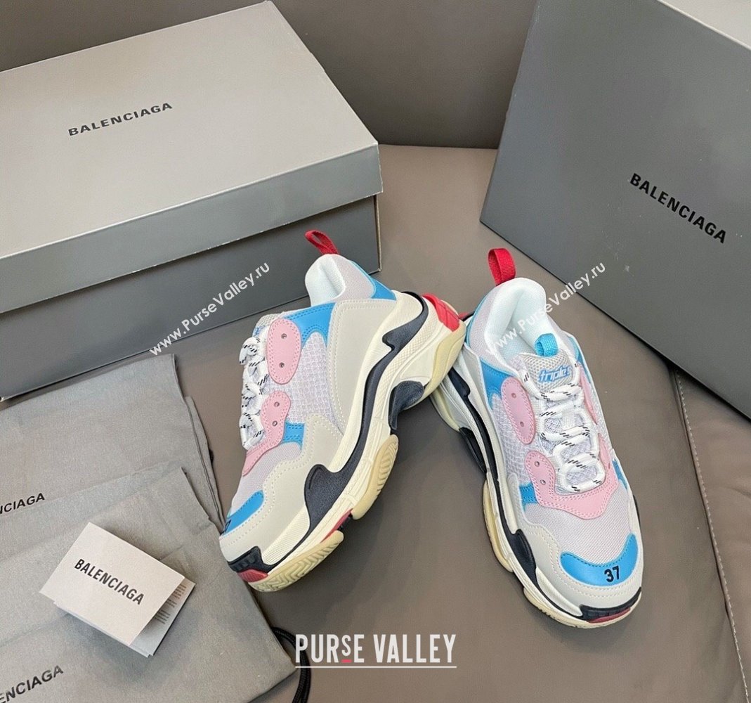 Balenciaga Triple S Trainers Sneakers in Leather and Mesh Blue/Pink 2024-21 (KL-240223070)