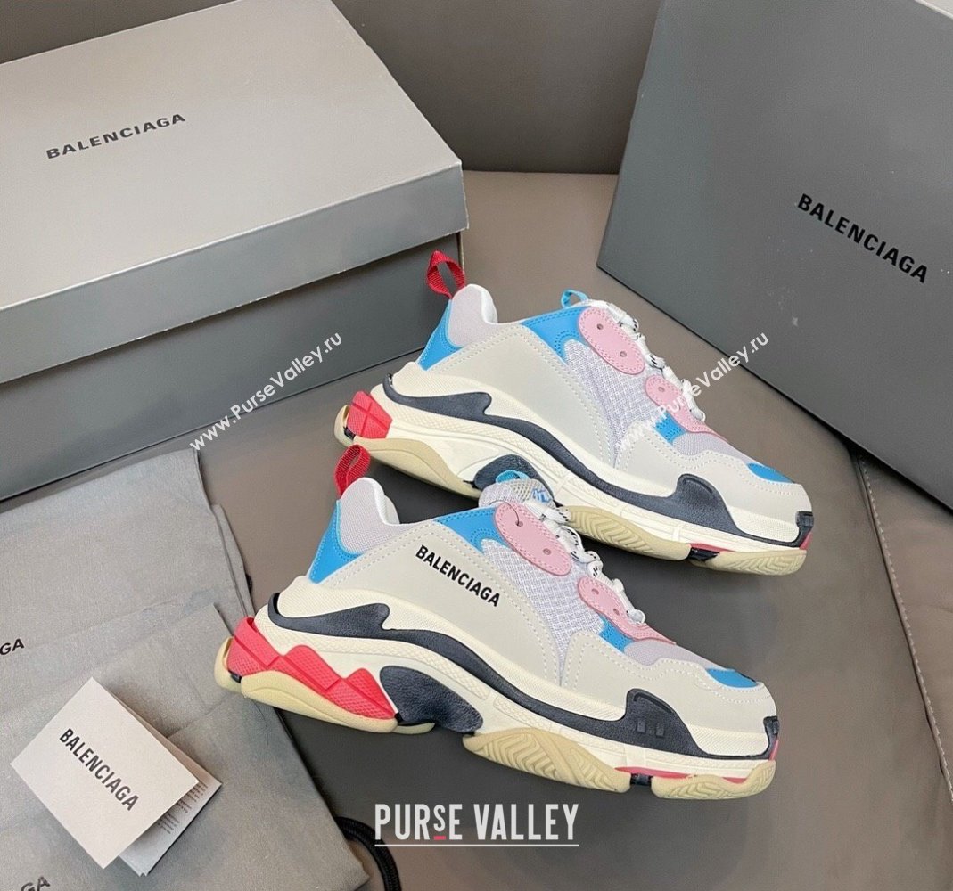 Balenciaga Triple S Trainers Sneakers in Leather and Mesh Blue/Pink 2024-21 (KL-240223070)