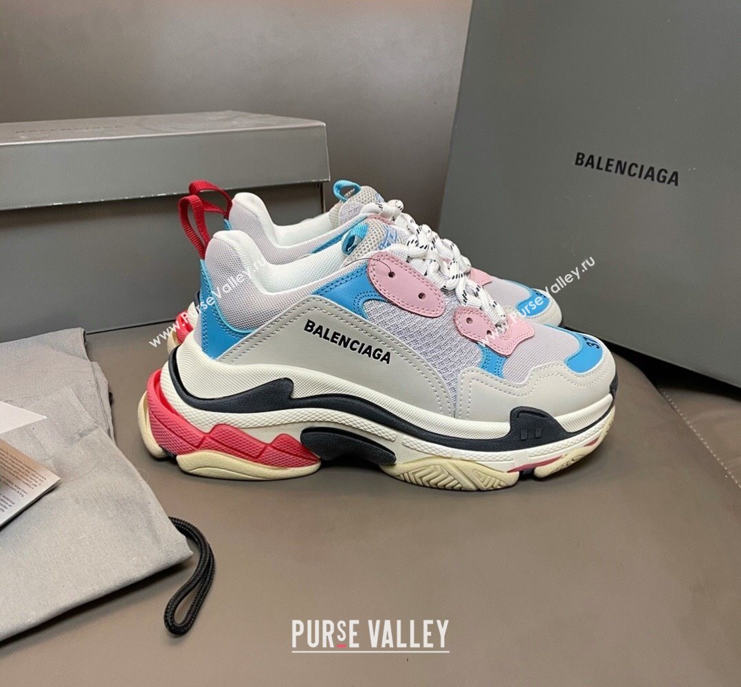 Balenciaga Triple S Trainers Sneakers in Leather and Mesh Blue/Pink 2024-21 (KL-240223070)