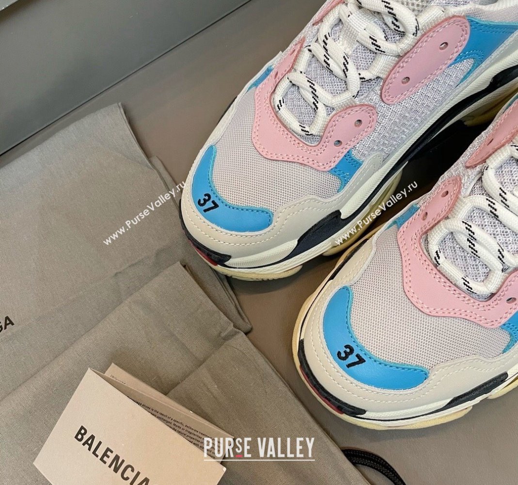 Balenciaga Triple S Trainers Sneakers in Leather and Mesh Blue/Pink 2024-21 (KL-240223070)