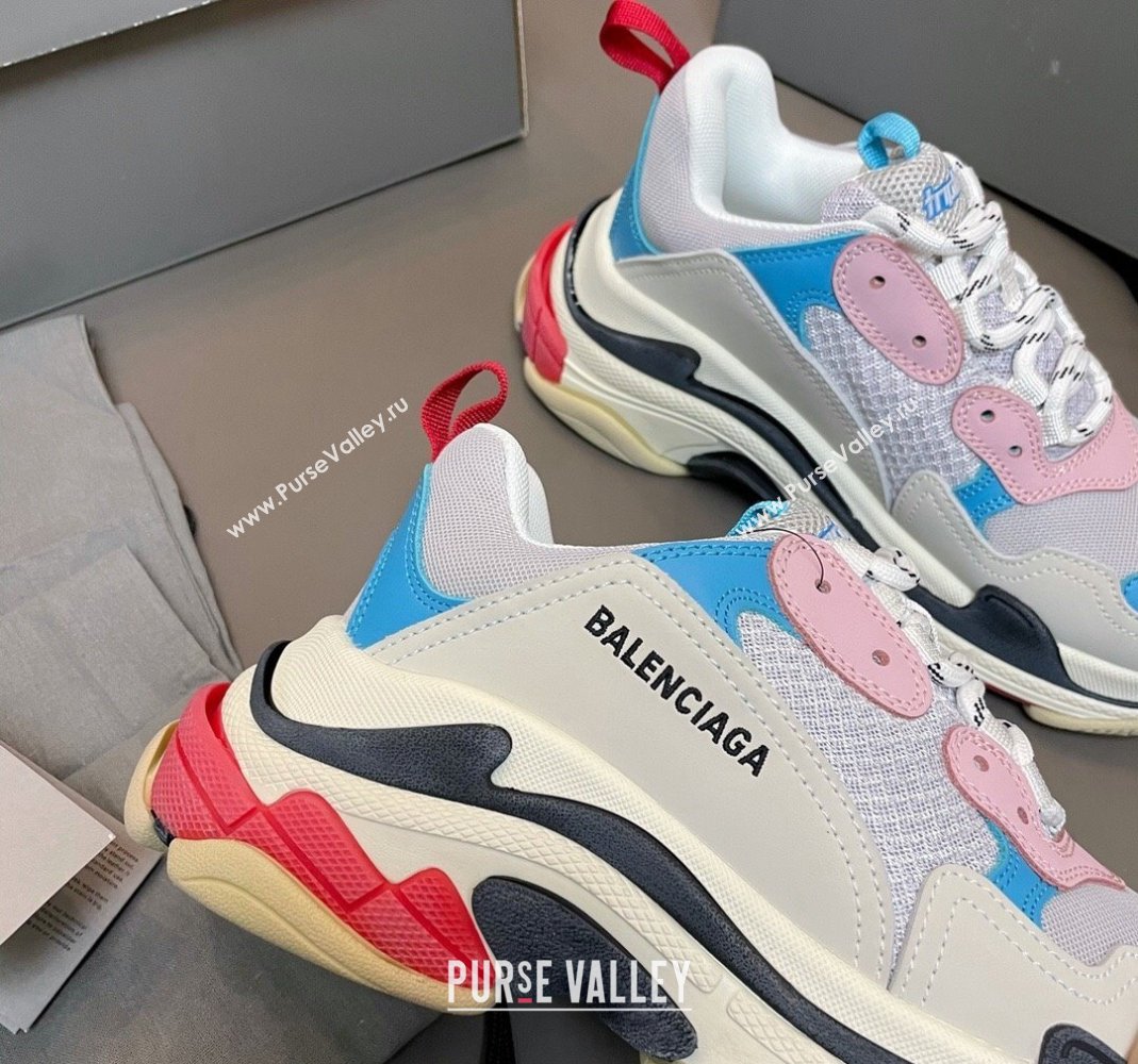 Balenciaga Triple S Trainers Sneakers in Leather and Mesh Blue/Pink 2024-21 (KL-240223070)