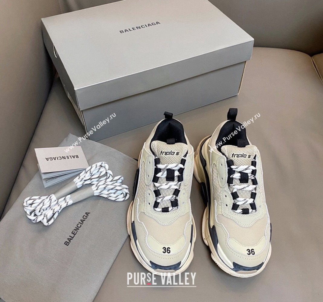 Balenciaga Triple S Trainers Sneakers in Leather and Mesh Vanilla Beige 2024-21 (KL-240223074)