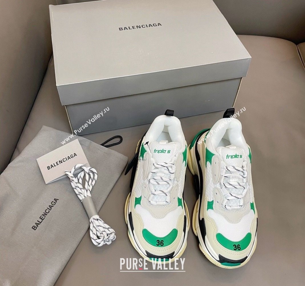 Balenciaga Triple S Trainers Sneakers in Leather and Mesh White/Green 2024-21 (KL-240223077)