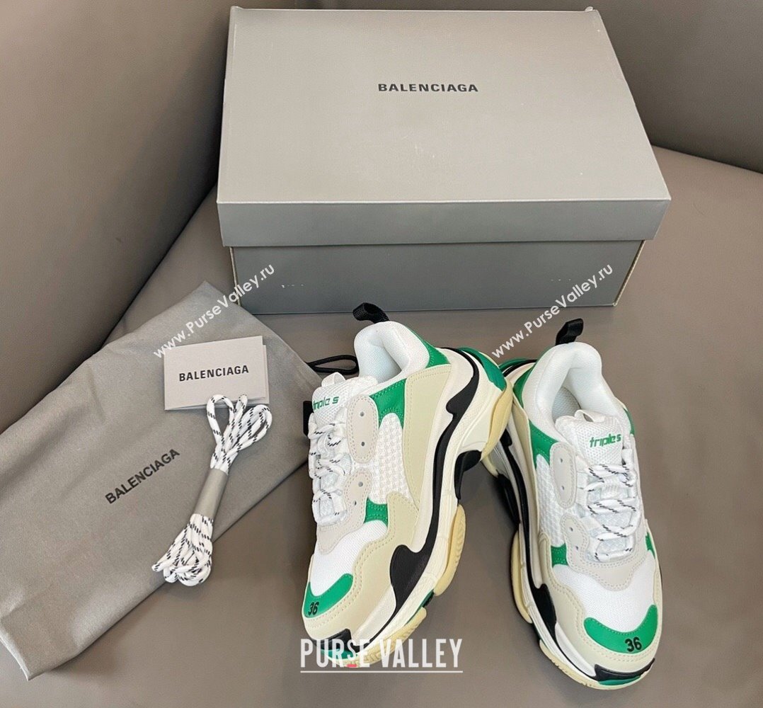 Balenciaga Triple S Trainers Sneakers in Leather and Mesh White/Green 2024-21 (KL-240223077)