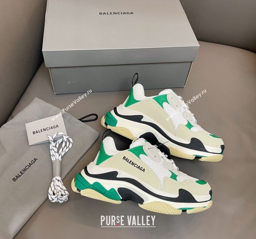 Balenciaga Triple S Trainers Sneakers in Leather and Mesh White/Green 2024-21 (KL-240223077)