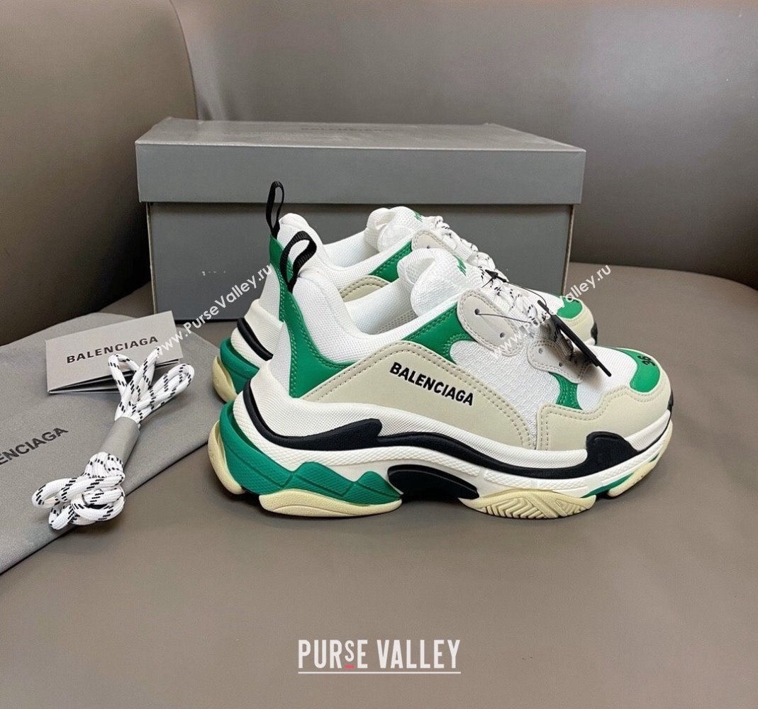 Balenciaga Triple S Trainers Sneakers in Leather and Mesh White/Green 2024-21 (KL-240223077)