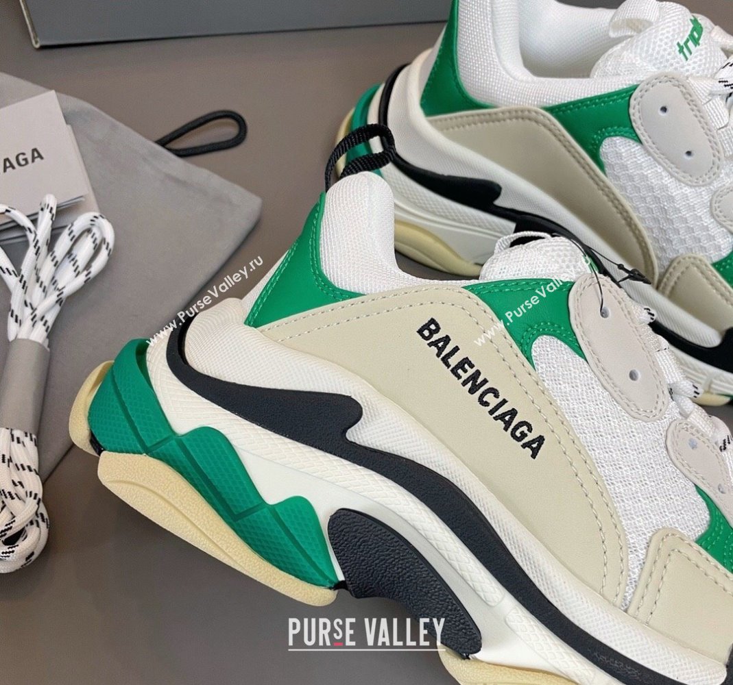 Balenciaga Triple S Trainers Sneakers in Leather and Mesh White/Green 2024-21 (KL-240223077)