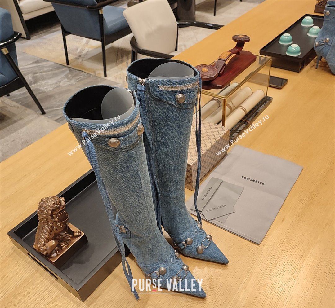 Balenciaga Cagole High Boots 9cm in Washed Blue Denim 2023 (MD-231104069)