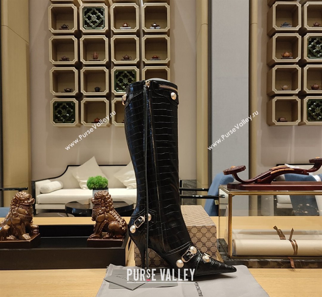 Balenciaga Cagole High Boots 9cm in Crocodile Embossed Leather Black 2023 (MD-231104071)