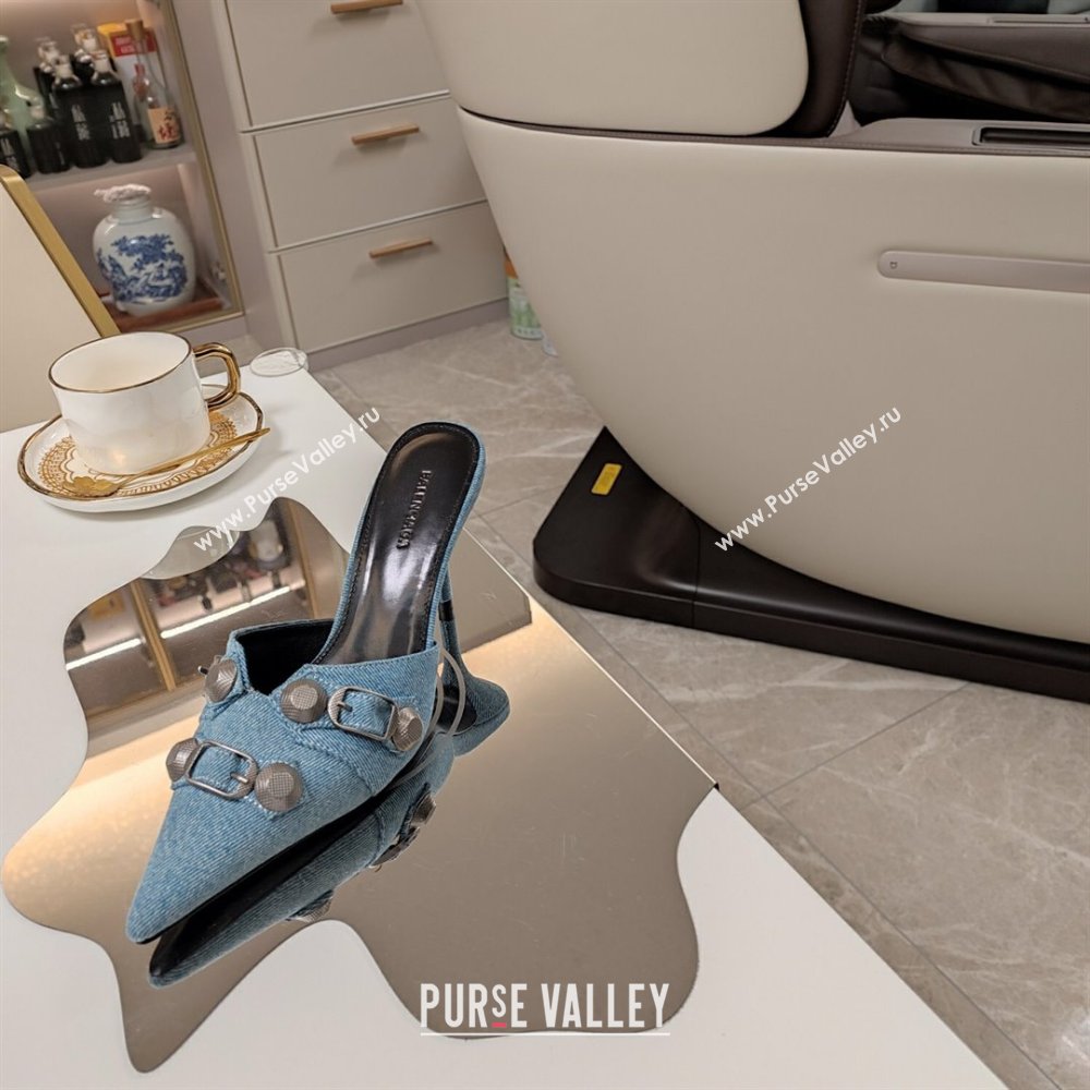 Balenciaga Cagole 9cm Mules in Washed Denim with Studs Buckle Light Blue 2024 (MD-240321123)