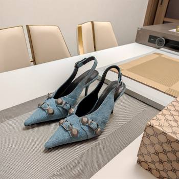 Balenciaga Cagole 9cm Slingback Pumps in Washed Denim with Studs Buckle Blue 2024 (MD-240321122)