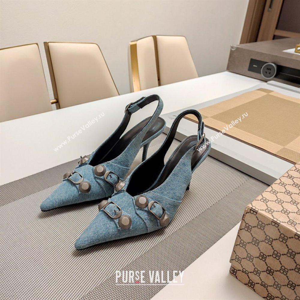 Balenciaga Cagole 9cm Slingback Pumps in Washed Denim with Studs Buckle Blue 2024 (MD-240321122)