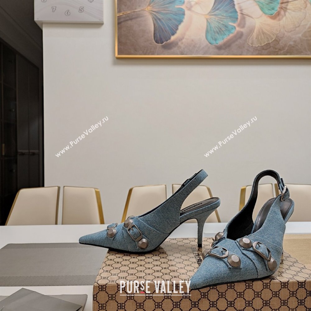 Balenciaga Cagole 9cm Slingback Pumps in Washed Denim with Studs Buckle Blue 2024 (MD-240321122)