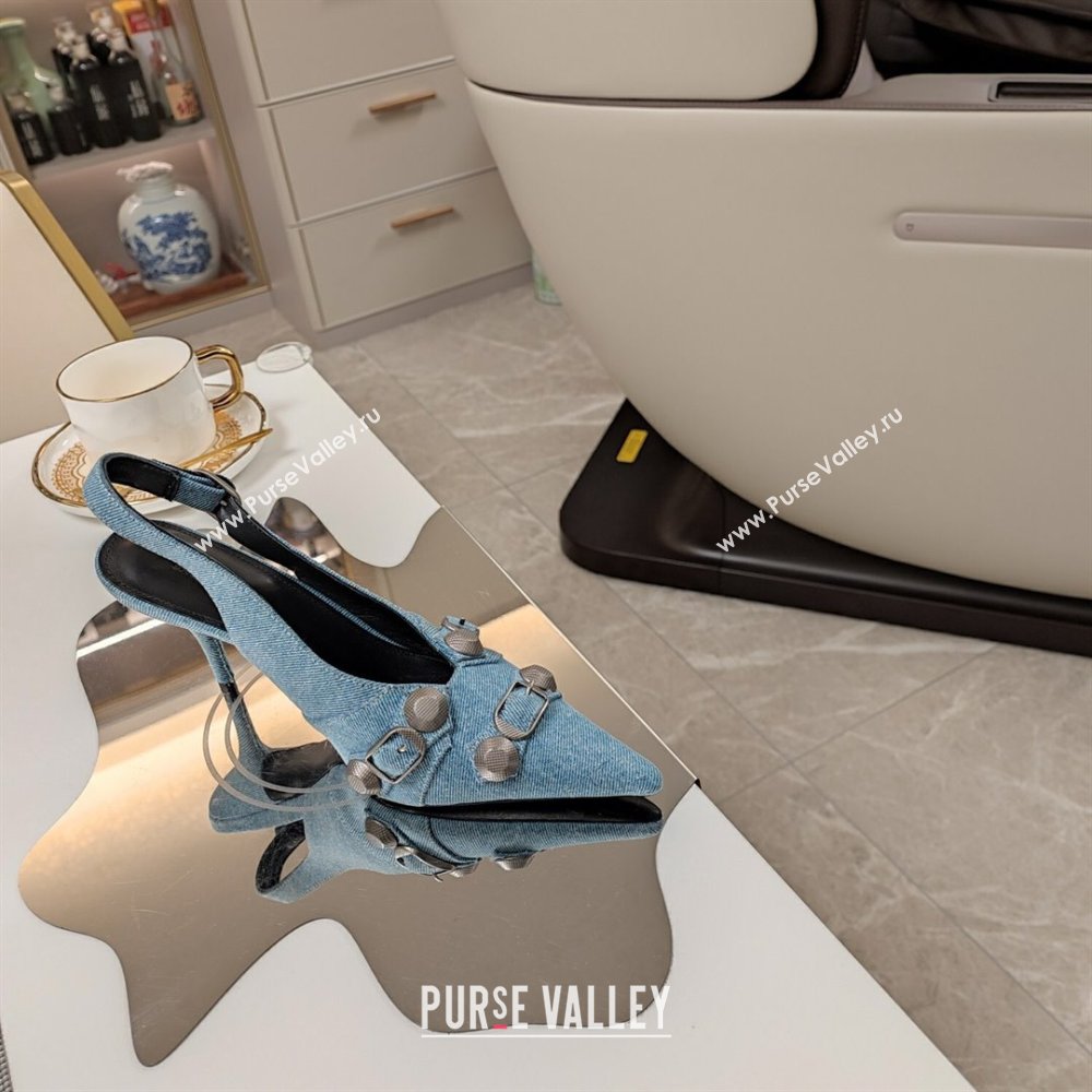 Balenciaga Cagole 9cm Slingback Pumps in Washed Denim with Studs Buckle Blue 2024 (MD-240321122)