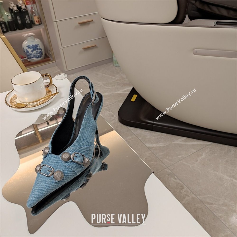 Balenciaga Cagole 9cm Slingback Pumps in Washed Denim with Studs Buckle Blue 2024 (MD-240321122)