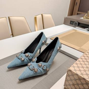 Balenciaga Cagole 9cm Pumps in Washed Denim with Studs Buckle Light Blue 2024 (MD-240321121)