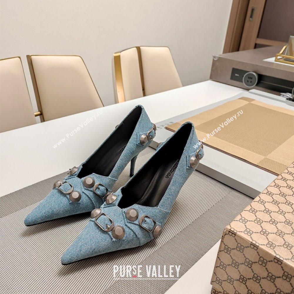 Balenciaga Cagole 9cm Pumps in Washed Denim with Studs Buckle Light Blue 2024 (MD-240321121)