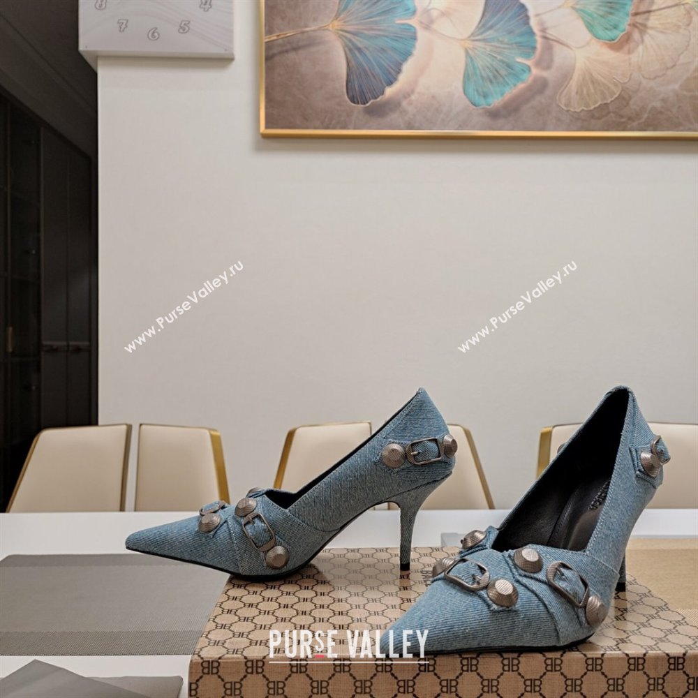 Balenciaga Cagole 9cm Pumps in Washed Denim with Studs Buckle Light Blue 2024 (MD-240321121)