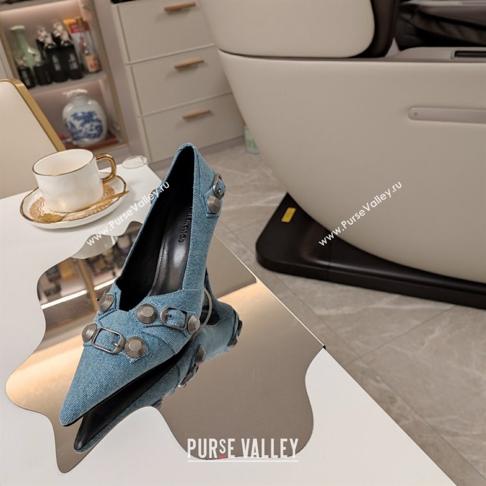 Balenciaga Cagole 9cm Pumps in Washed Denim with Studs Buckle Light Blue 2024 (MD-240321121)