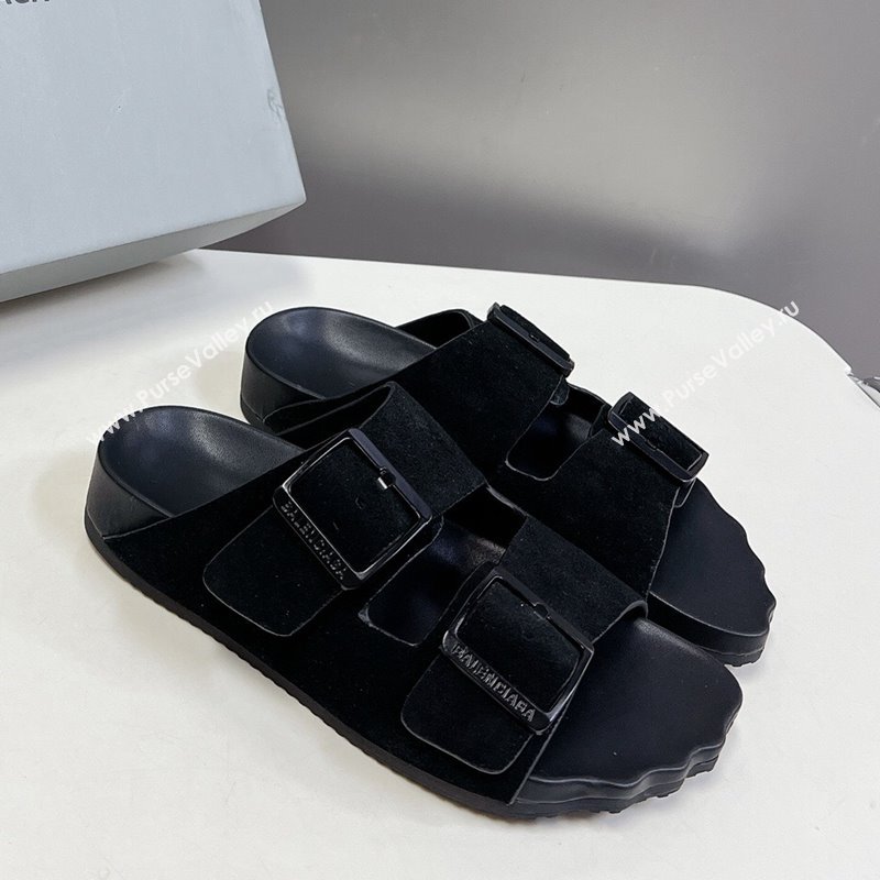 Balenciaga Sunday Flat Slide Sandals in Suede Black 2024 (MD-240321130)