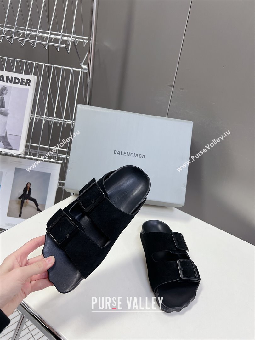 Balenciaga Sunday Flat Slide Sandals in Suede Black 2024 (MD-240321130)