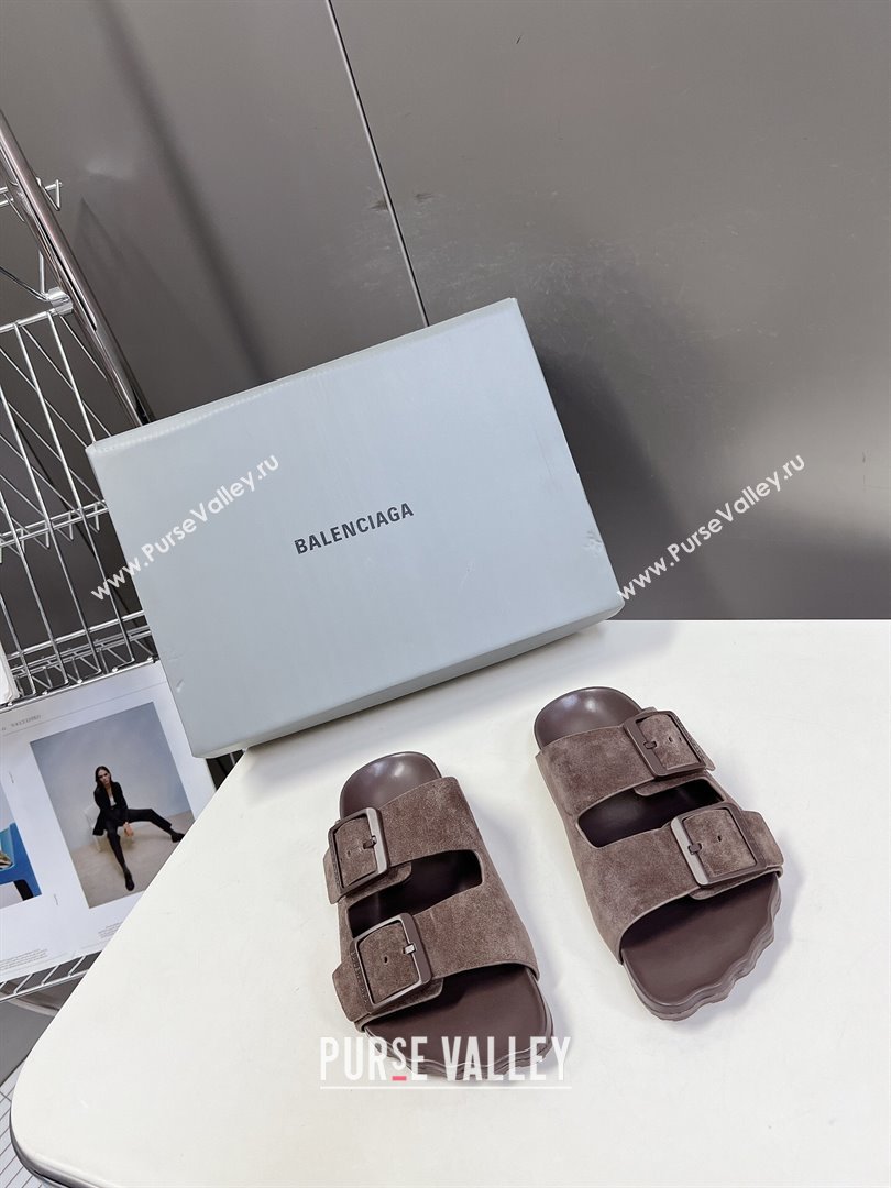 Balenciaga Sunday Flat Slide Sandals in Suede Grey 2024 (MD-240321131)