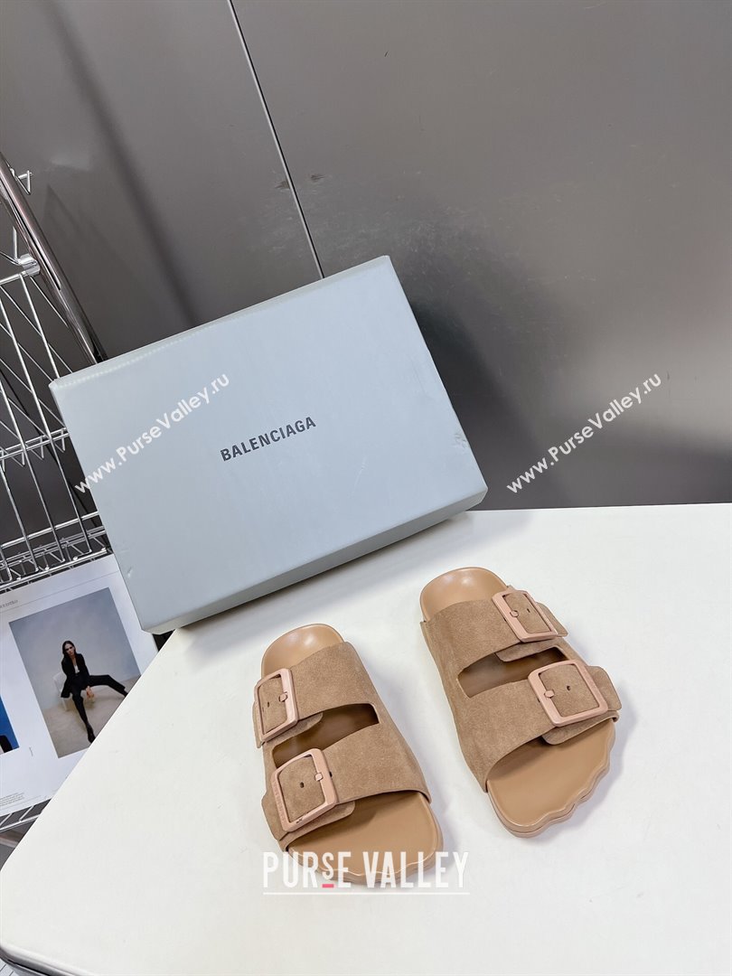 Balenciaga Sunday Flat Slide Sandals in Suede Camel 2024 (MD-240321132)