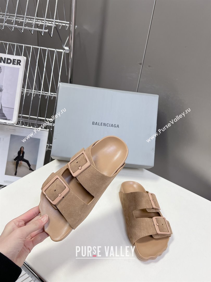 Balenciaga Sunday Flat Slide Sandals in Suede Camel 2024 (MD-240321132)