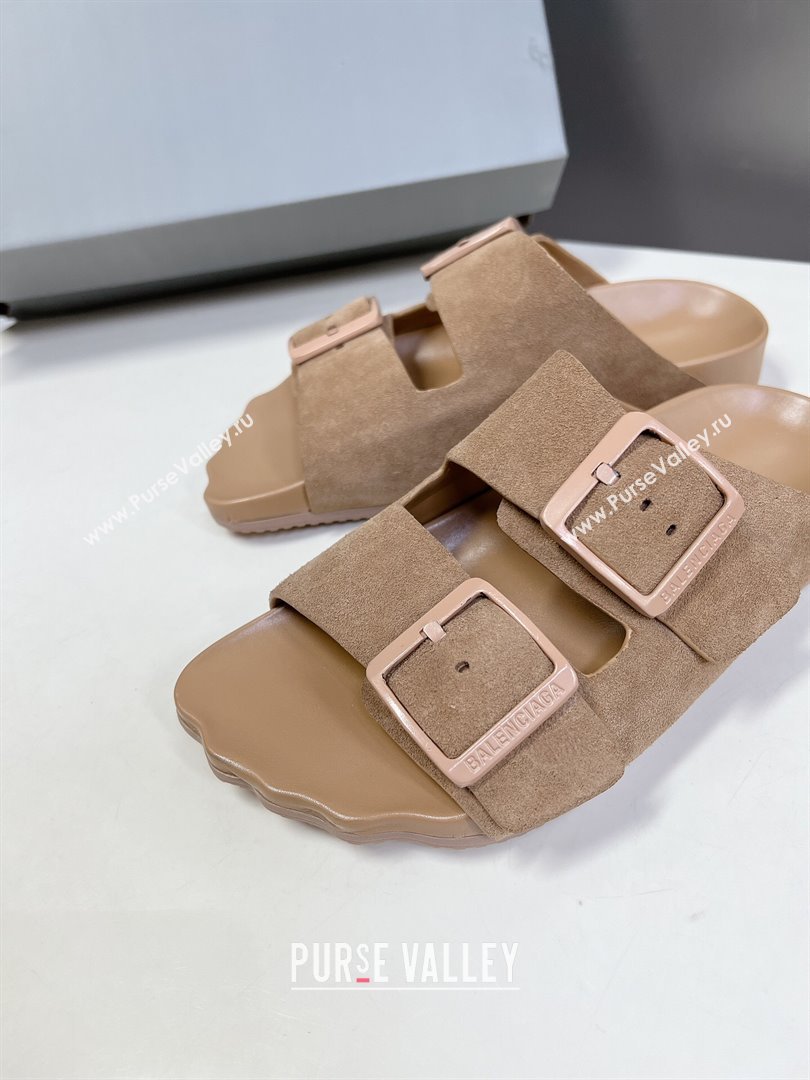 Balenciaga Sunday Flat Slide Sandals in Suede Camel 2024 (MD-240321132)