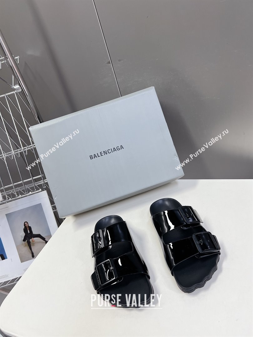 Balenciaga Sunday Flat Slide Sandals in Patent Leather Black 2024 (MD-240321133)