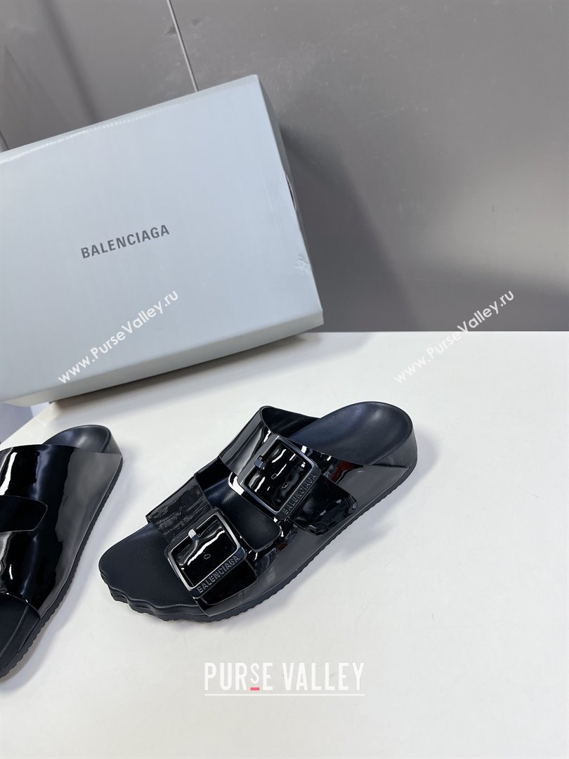 Balenciaga Sunday Flat Slide Sandals in Patent Leather Black 2024 (MD-240321133)