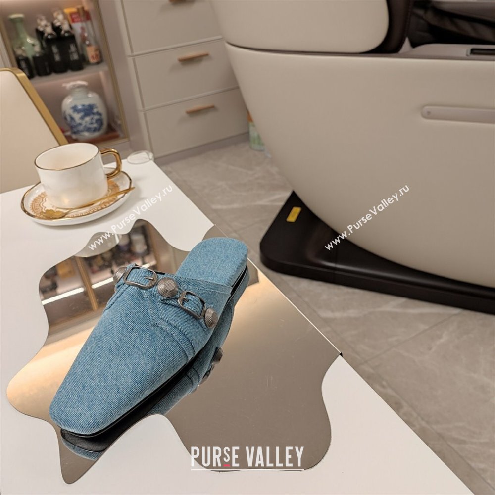 Balenciaga Cagole Flat Mules in Washed Denim with Studs Buckle Light Blue 2024 (MD-240321125)